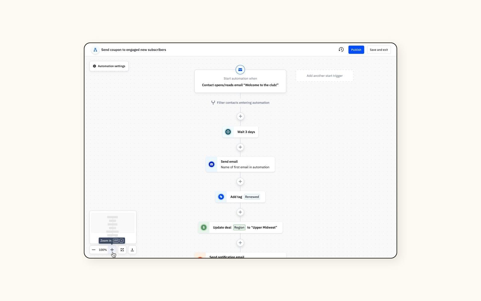 An email automation builder in ActiveCampaign, a customer retention management software.