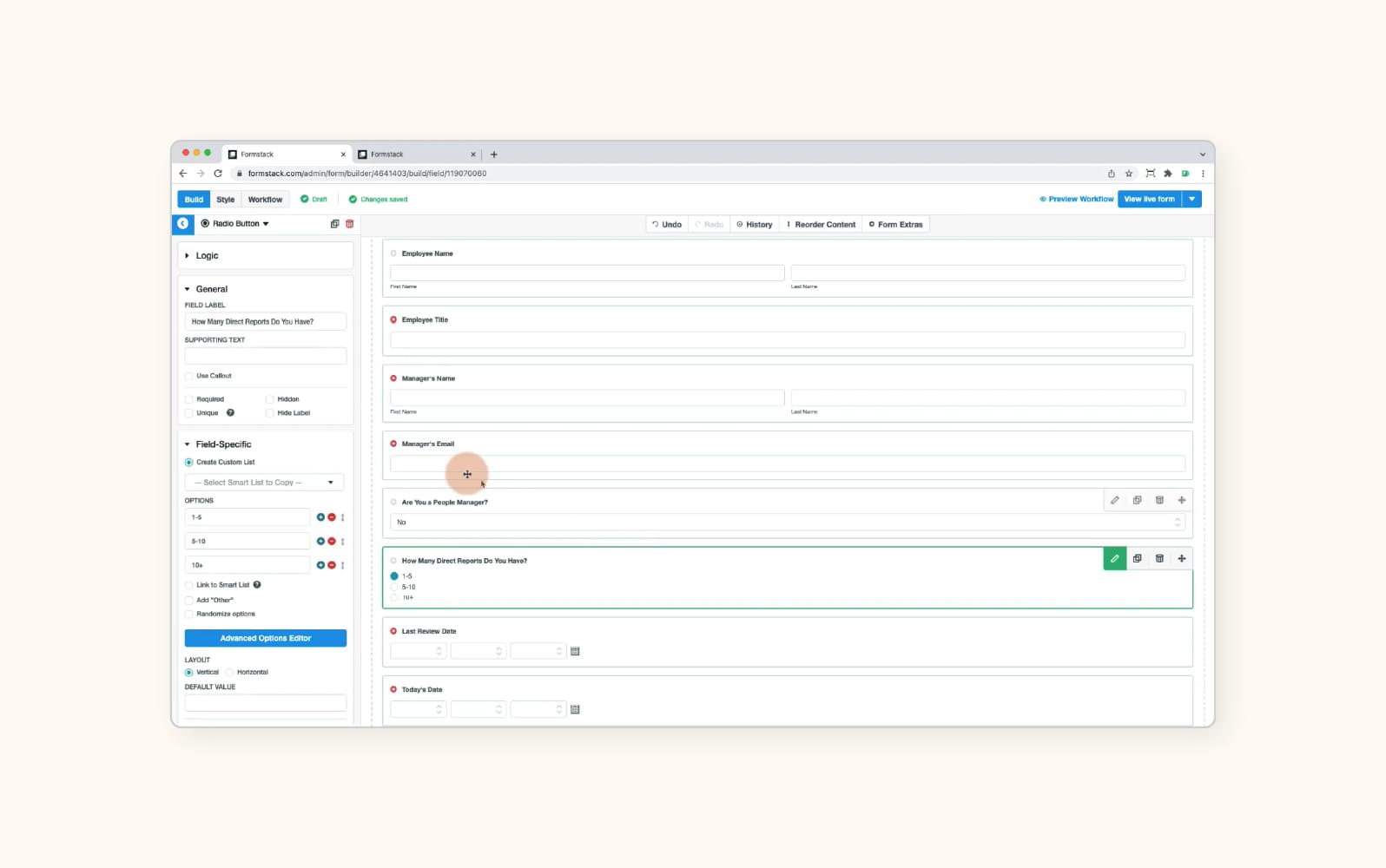 A screenshot of the Formstack software.